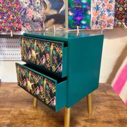 Emerald Green, Gold Tropical Art Deco Square Nightstand. Parrot, Floral Colourful Two Drawer Bedside Table. Customisable End Table - thumbnail 4