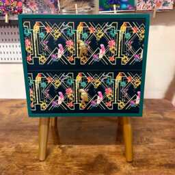 Emerald Green, Gold Tropical Art Deco Square Nightstand. Parrot, Floral Colourful Two Drawer Bedside Table. Customisable End Table - thumbnail 2
