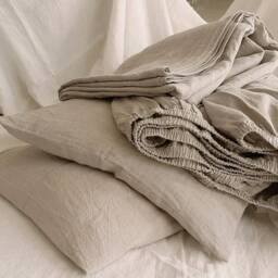 stonewashed Linen Sheet Set Natural Flax Beige Breathable Cottage Bedding