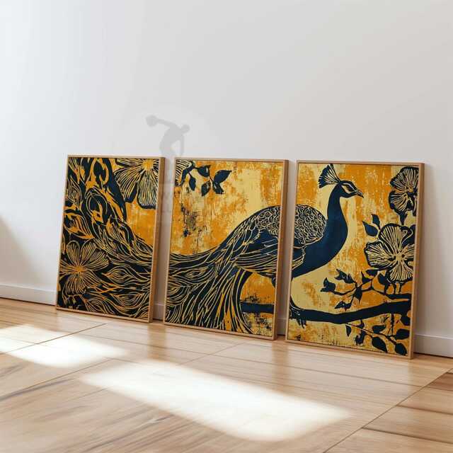 Golden Peacock Wall Art Set Of 3 - Majestic Bird & Floral Pattern Print Deep Navy Gold Artwork Elegant Statement Decor - image 1