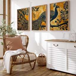 Golden Peacock Wall Art Set Of 3 - Majestic Bird & Floral Pattern Print Deep Navy Gold Artwork Elegant Statement Decor - thumbnail 2