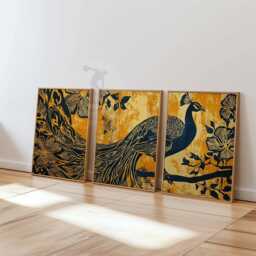 Golden Peacock Wall Art Set Of 3 - Majestic Bird & Floral Pattern Print Deep Navy Gold Artwork Elegant Statement Decor - thumbnail 1