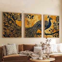 Golden Peacock Wall Art Set Of 3 - Majestic Bird & Floral Pattern Print Deep Navy Gold Artwork Elegant Statement Decor - thumbnail 3