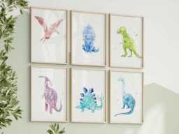 Set Of 6 Dino Prints For Little Kids Room - Babyroom Wall Art Colorful Watercolor Illustrations Kids Nursery - thumbnail 1