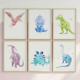 Set Of 6 Dino Prints For Little Kids Room - Babyroom Wall Art Colorful Watercolor Illustrations Kids Nursery - thumbnail 2