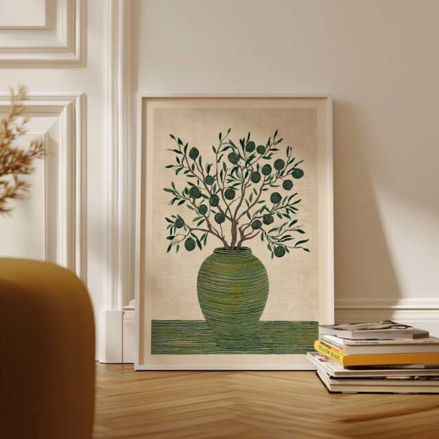 Olive Vase Still Life Poster, Botanical Mediterranean Art Print - image 1