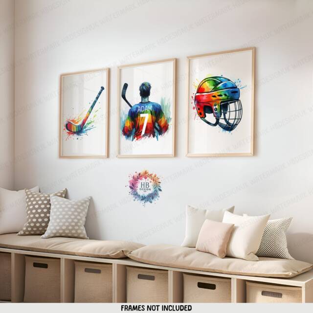Custom Hockey Poster Set - 3 Colourful Prints - Boys Bedroom Decor Personalised Kids Room Artwork Print Wall Art Gift - image 1