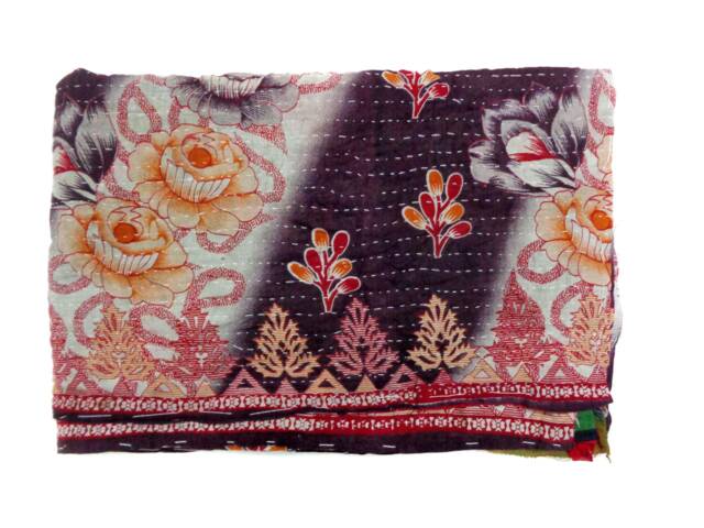 Handmade Floral Kantha Quilt Indian Cotton Twin Bedspread - image 1