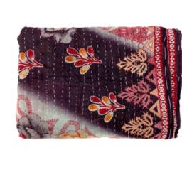 Handmade Floral Kantha Quilt Indian Cotton Twin Bedspread - thumbnail 2