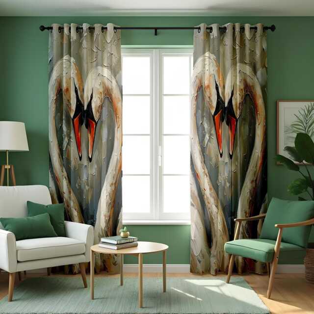 Romantic Swan Curtains, Heart Shaped Drapes, Love Bird Window Panels, Elegant Animal Print Curtain For Living Room Or Bedroom - image 1