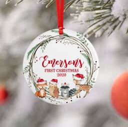 Woodland Baby First Christmas Ornament, Personalized Deer Fox Racoon Owl Forest Boy Holiday Ornament - thumbnail 1
