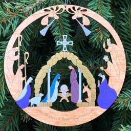 Unique Nativity Round Christmas Ornament Manger Scene - Wood, Laser Cut, Hand Painted - thumbnail 2