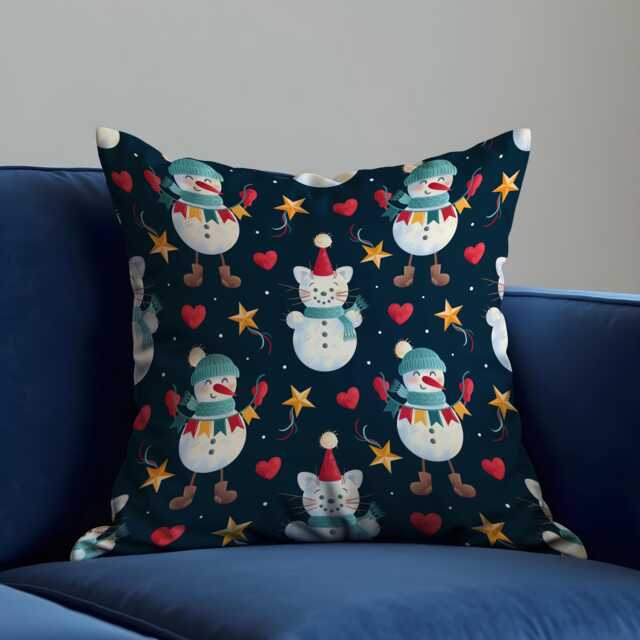 Christmas Cushion Cover With Snowman & Cat Print, Navy Holiday Throw Pillowcase, Festive Winter Decorative Case For Sofa Home Decor - image 1