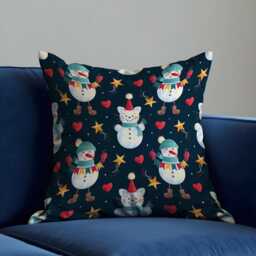 Christmas Cushion Cover With Snowman & Cat Print, Navy Holiday Throw Pillowcase, Festive Winter Decorative Case For Sofa Home Decor