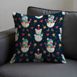 Christmas Cushion Cover With Snowman & Cat Print, Navy Holiday Throw Pillowcase, Festive Winter Decorative Case For Sofa Home Decor - thumbnail 3