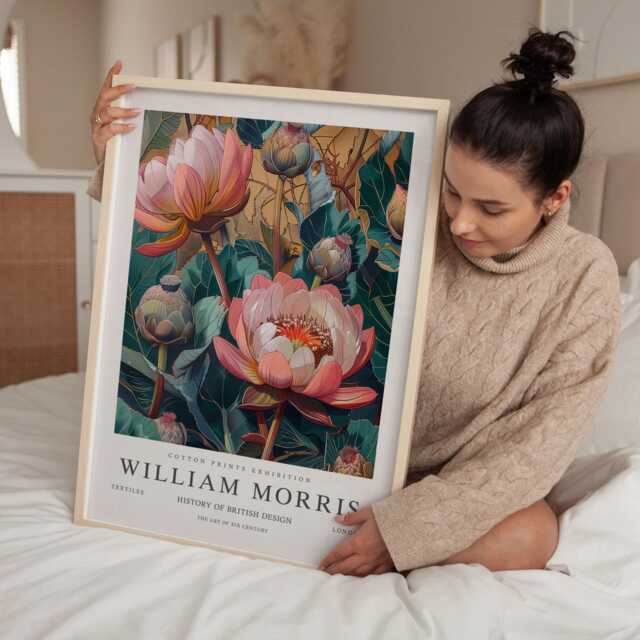 William Morris Print, Art, Exhibition Poster, Teal Wall Water Lily, Cloakroom Large Botanical Art - image 1