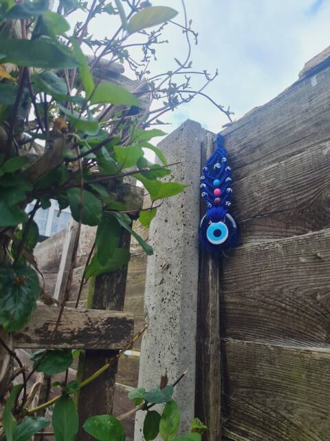 Blue Macrame Evil Eye Wall Hanging, Handmade, Home Protection, Glass Nazar Charm, Bohemian, Home Decor, Garden Decor - image 1
