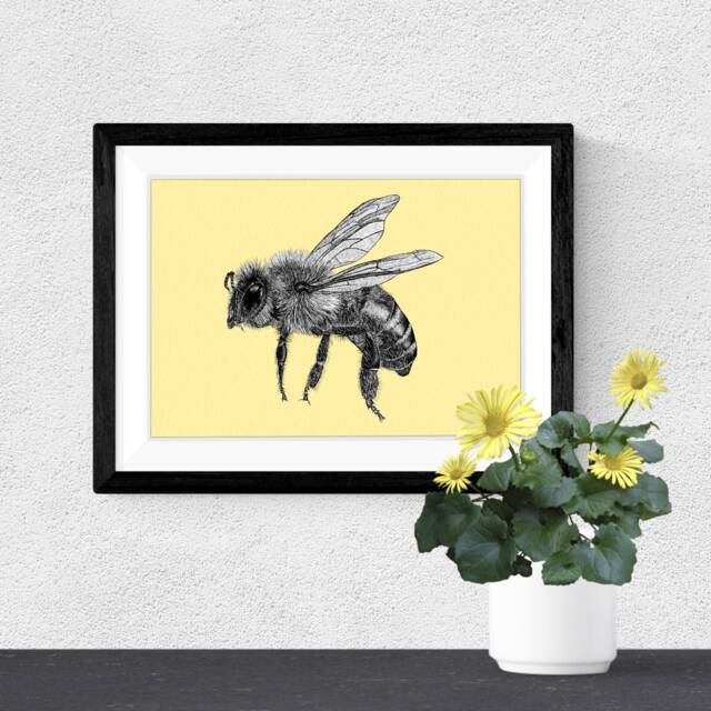Honey Bee A4 Art Print in Yellow // Bee Wall Art, Colourful Animal Pen Drawing, Wildlife Lover Gifts - image 1