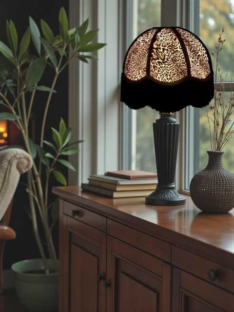 Beautiful Handcrafted Lynx Animal Print Domr Lampshade With Black Fringe, Made in The UK - Animal Fabric Lamp Shades - image 1