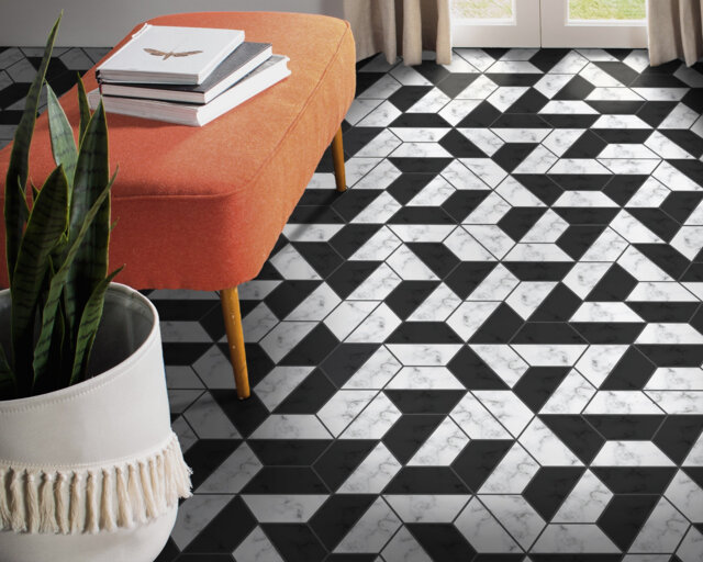 Abstract Marble Geometric Vinyl Flooring, Black Sheet White Floor Protector, Tiles Area PVC, Bedroom Inspirations - image 1