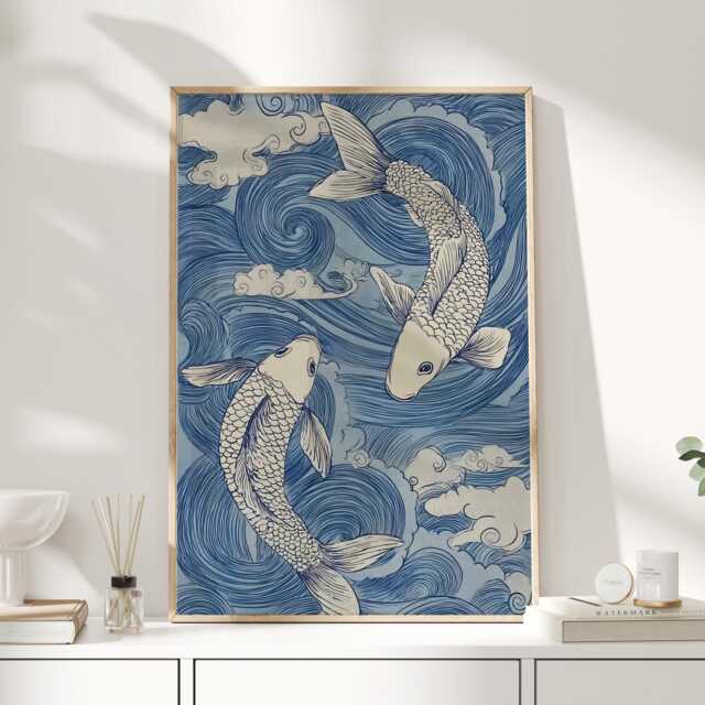 Japanese Koi Fish Wall Art Print, Blue Wave Illustration, Ukiyo-E Style, Japandi Bathroom Decor - image 1