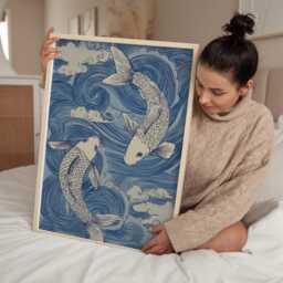 Japanese Koi Fish Wall Art Print, Blue Wave Illustration, Ukiyo-E Style, Japandi Bathroom Decor - thumbnail 3