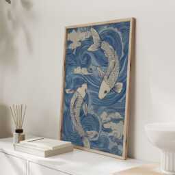 Japanese Koi Fish Wall Art Print, Blue Wave Illustration, Ukiyo-E Style, Japandi Bathroom Decor - thumbnail 2