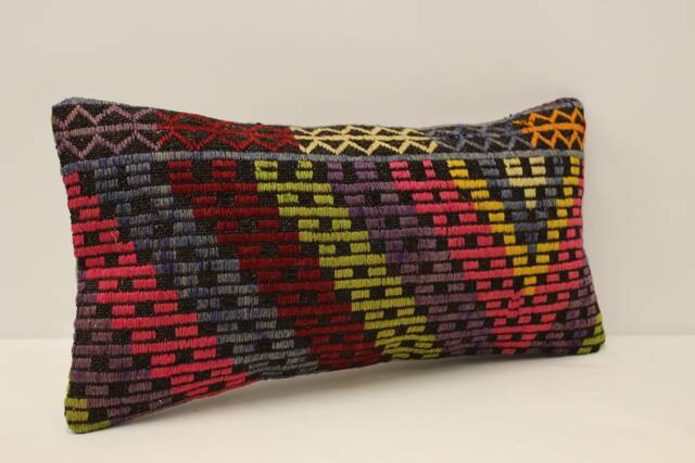 Vintage Turkish Kilim Lumbar Pillow, Bohemian Wool Cushion - 10x20 In - image 1
