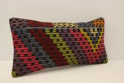 Vintage Turkish Kilim Lumbar Pillow, Bohemian Wool Cushion - 10x20 In - thumbnail 1