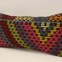 Vintage Turkish Kilim Lumbar Pillow, Bohemian Wool Cushion - 10x20 In - thumbnail 3
