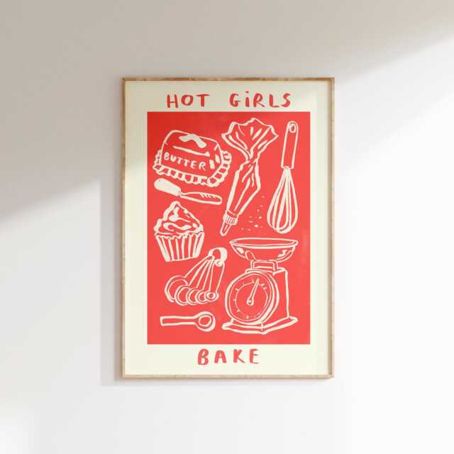 Hot Girls Bake Wall Print - Baking Cake Lover Chef Art Poster Trendy Aesthetic Kitchen Artwork Home Prints Food - image 1