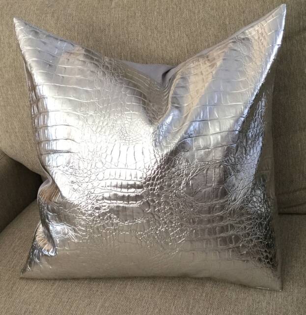Silver Faux Leather Pillow Covers, Metallic Cushion, Faux Crocodile Silver Leather, Throw Pillow, Faux - image 1