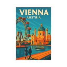 Vienna Austria Travel Poster - Retro Ferris Wheel & Architecture - thumbnail 2