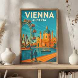 Vienna Austria Travel Poster - Retro Ferris Wheel & Architecture - thumbnail 1