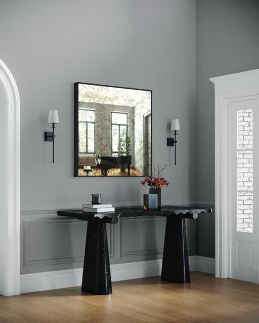 Moon Antique Silver Tinted Wall Mirror - Black Metal Frame - image 1