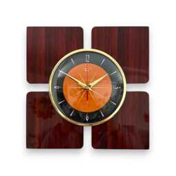 Mid Century Modern Wall Clock Tangerine Dial, Faux Walnut Laminate - thumbnail 1