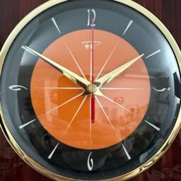 Mid Century Modern Wall Clock Tangerine Dial, Faux Walnut Laminate - thumbnail 3