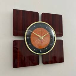 Mid Century Modern Wall Clock Tangerine Dial, Faux Walnut Laminate - thumbnail 2