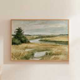 Meadow River Poster, Neutral Landscape Print, Country Wall Art, Paper - thumbnail 1