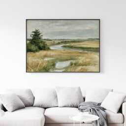 Meadow River Poster, Neutral Landscape Print, Country Wall Art, Paper - thumbnail 2
