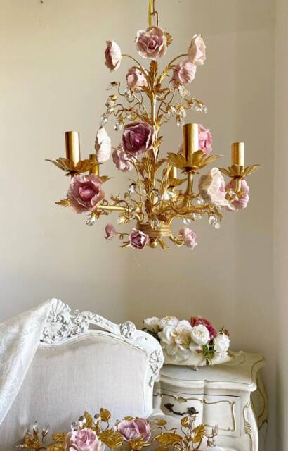 Italian Hand Forged Wrought Iron Gold Leaf Chandelier, 5 Lights Pink Capodimonte Style Peonies - image 1
