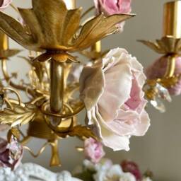 Italian Hand Forged Wrought Iron Gold Leaf Chandelier, 5 Lights Pink Capodimonte Style Peonies - thumbnail 2