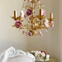 Italian Hand Forged Wrought Iron Gold Leaf Chandelier, 5 Lights Pink Capodimonte Style Peonies - thumbnail 3