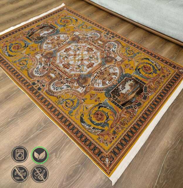 Baroque Chenille Rug Mustard Gold Medallion Design, Washable - image 1