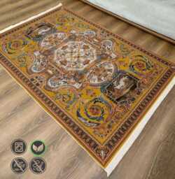 Baroque Chenille Rug Mustard Gold Medallion Design, Washable