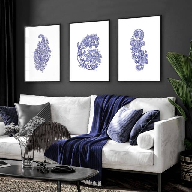 Trendy Botanical Paisley Set Of 3 Framed Wall Art Prints For Boho Living Room Decor, Indigo Blue Eclectic Luxury Large Gallery - image 1
