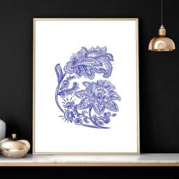 Trendy Botanical Paisley Set Of 3 Framed Wall Art Prints For Boho Living Room Decor, Indigo Blue Eclectic Luxury Large Gallery - thumbnail 3