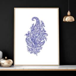 Trendy Botanical Paisley Set Of 3 Framed Wall Art Prints For Boho Living Room Decor, Indigo Blue Eclectic Luxury Large Gallery - thumbnail 2