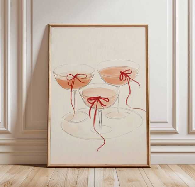 Champagne Glasses Poster Wall Art, Minimalist Cocktail Print With Red Ribbons, Chic Party Decor, Stylish Bar Kitchen Gift - image 1