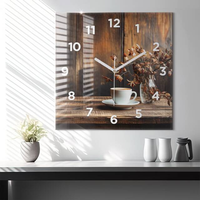 Cup Of Coffee Tempered Glass Clock, Brown Round Wall Food Modern Custom Personalized Clock - image 1